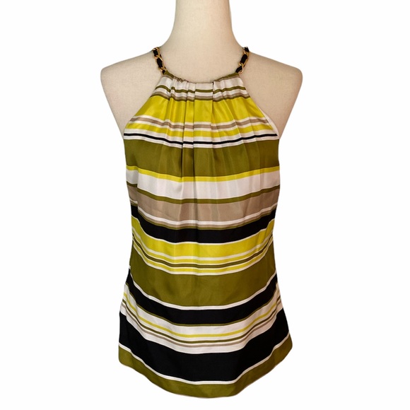 Milly Silk Striped Olive Green Yellow Black Halter Tank Top w/ Gold Chain - 4 - Picture 2 of 12